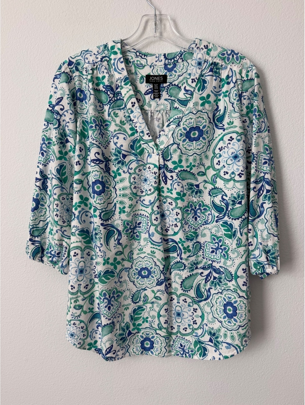 Jones New York Linen Blend 3/4 Sleeve Split V-Neck Paisley Floral Blouse Size PM
